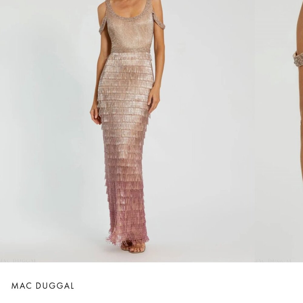 Mac Duggal 6032 Pink Scoop Neck Embellished Fringe Gown Pink Ombre